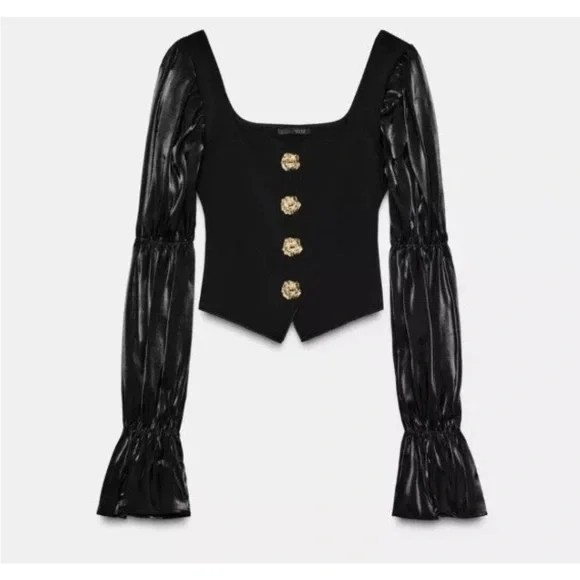 Zara Black Puff-Sleeve Button-Front Blouse - Picture 4 of 9